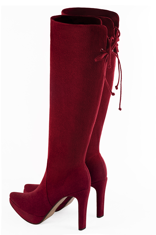 Burgundy red women's knee-high boots, with laces at the back. Tapered toe. Very high slim heel with a platform at the front. Made to measure. Rear view - Florence KOOIJMAN